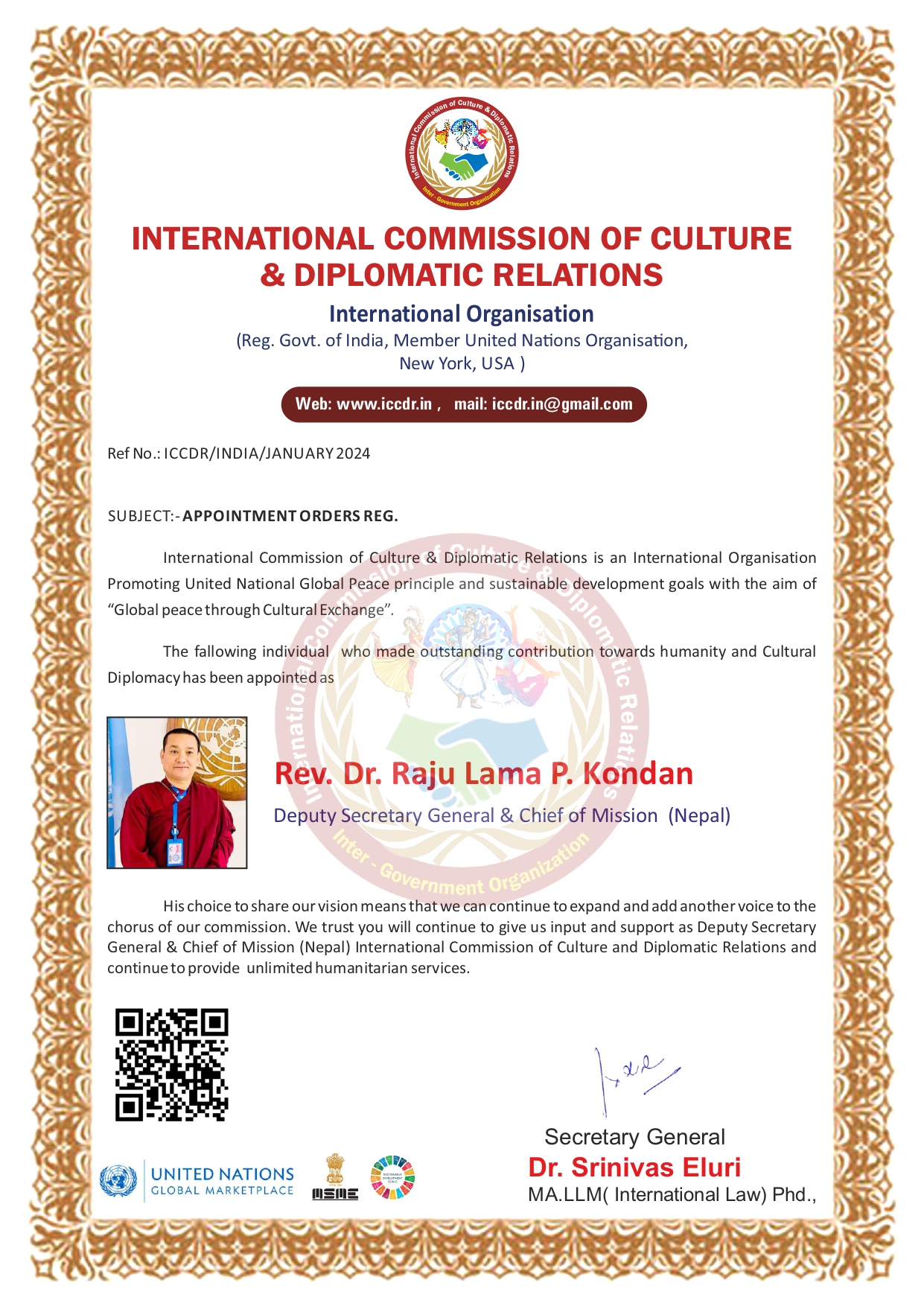 ICCDR Team Member Appointment Certificate